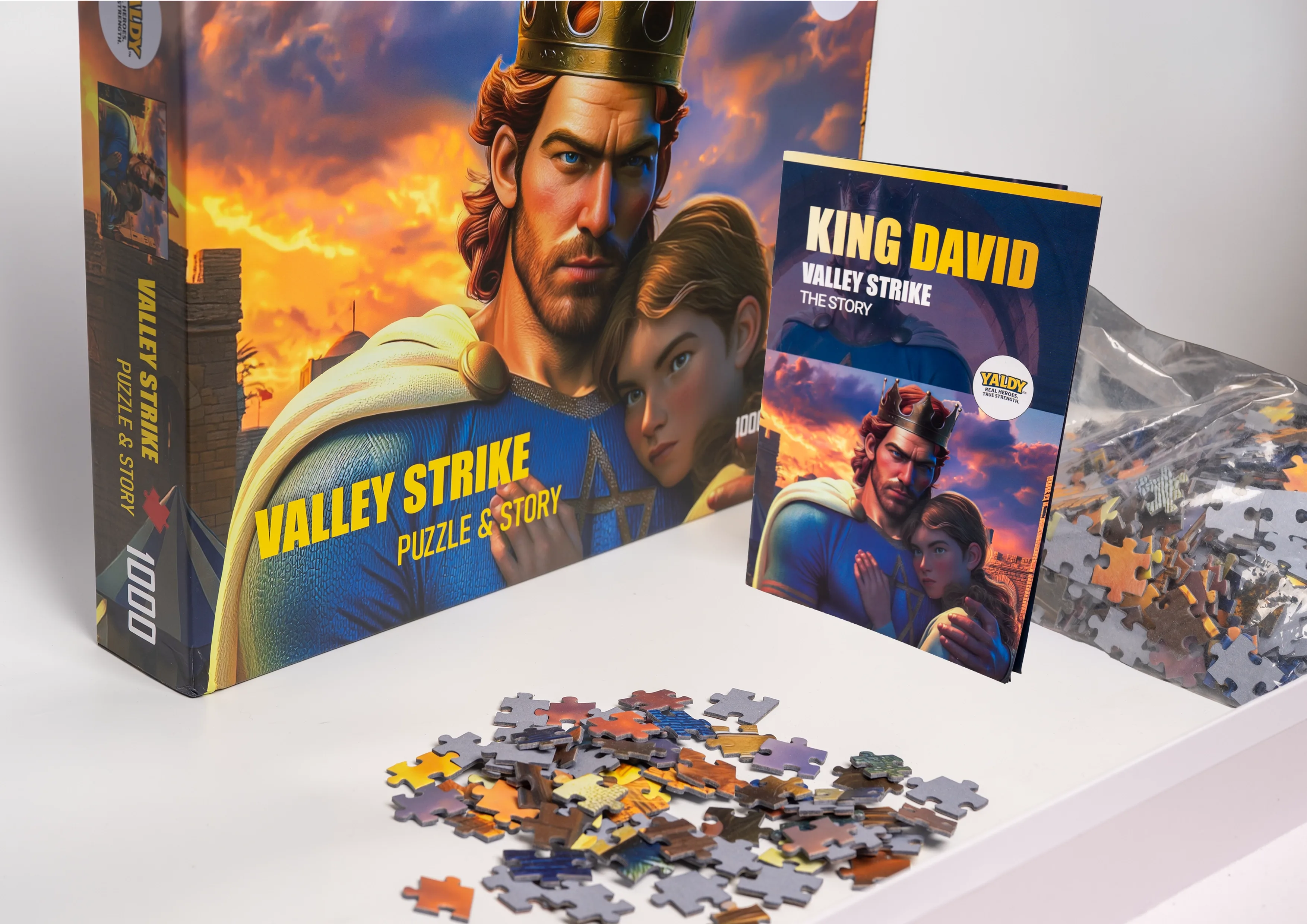 Valley Strike puzzle - open box showing puzzle pieces and story flipbook inside