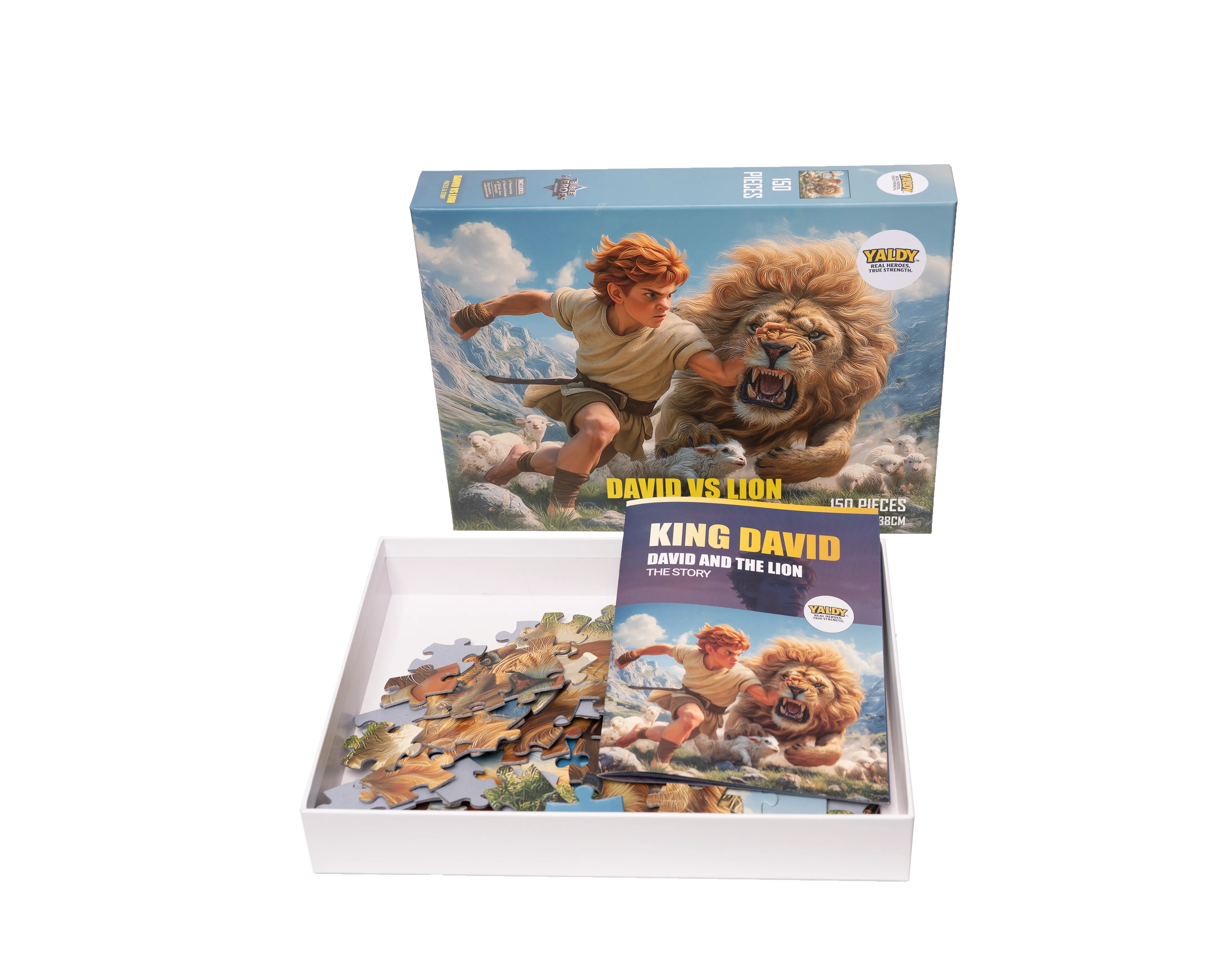 David vs Lion puzzle - open box showing puzzle pieces and story flipbook inside